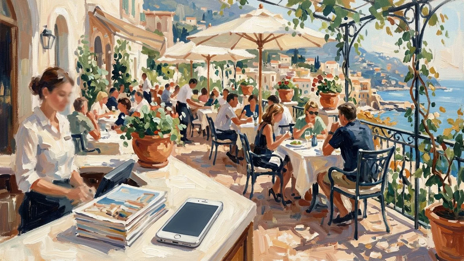 A boutique hotel terrace in full summer season, every table occupied, postcards and a phone on the reception desk