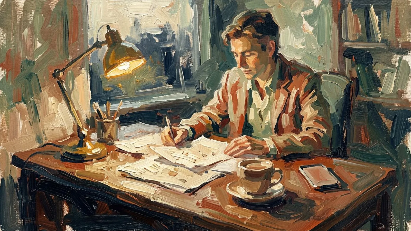 A consultant reviewing printed client notes at a desk under a warm lamp, coffee cup and face-down phone beside the papers.