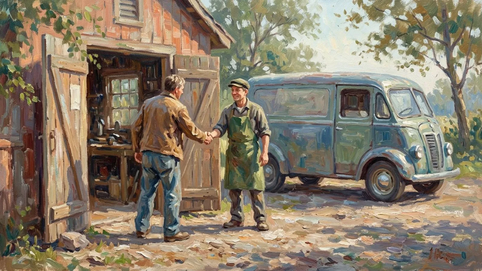 Two tradespeople shaking hands at the door of a small workshop, a delivery van waiting in the morning light.