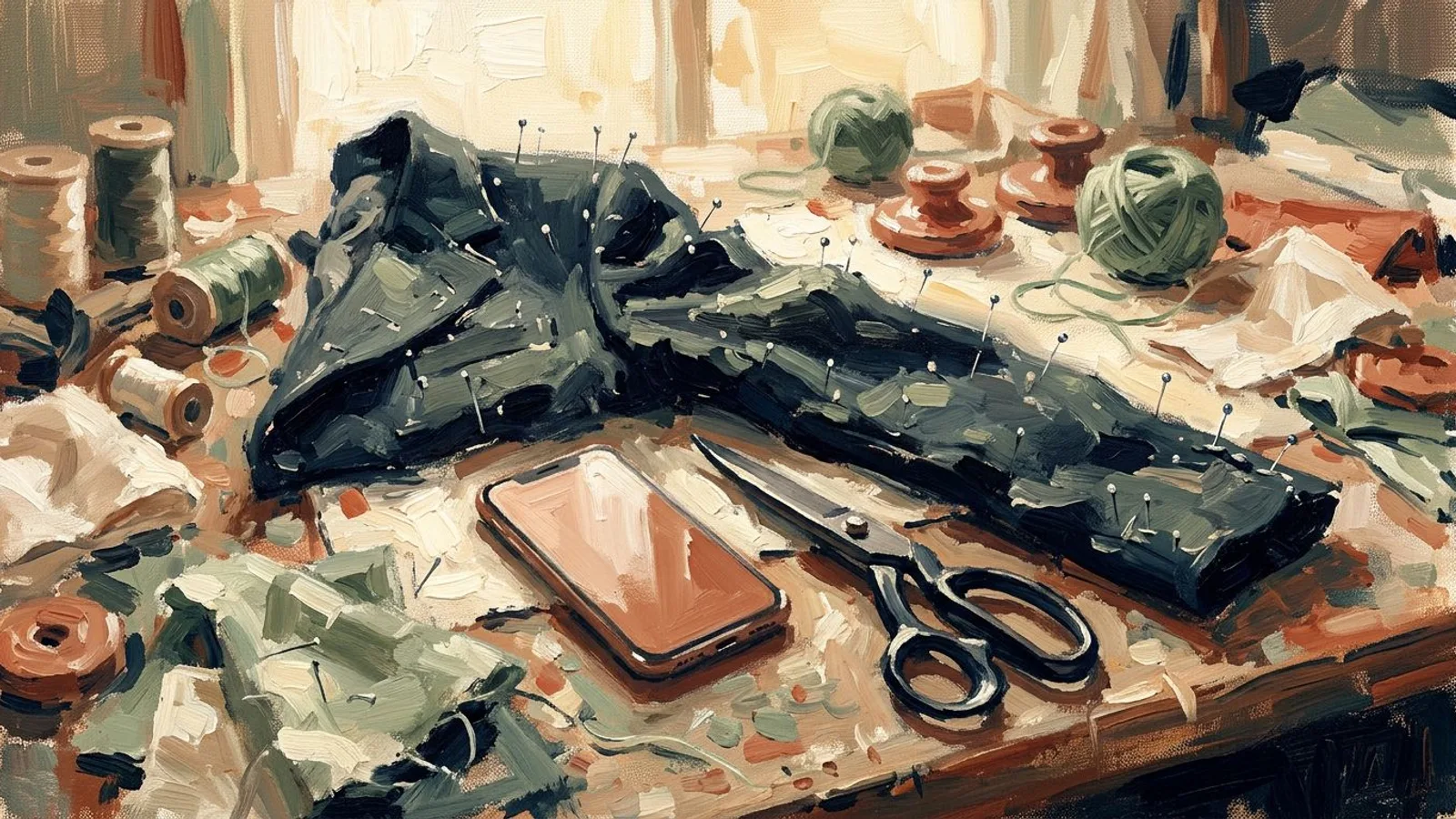A workshop bench in late afternoon light with a half-finished navy jacket sleeve pinned flat and a phone lying face down beside the shears.