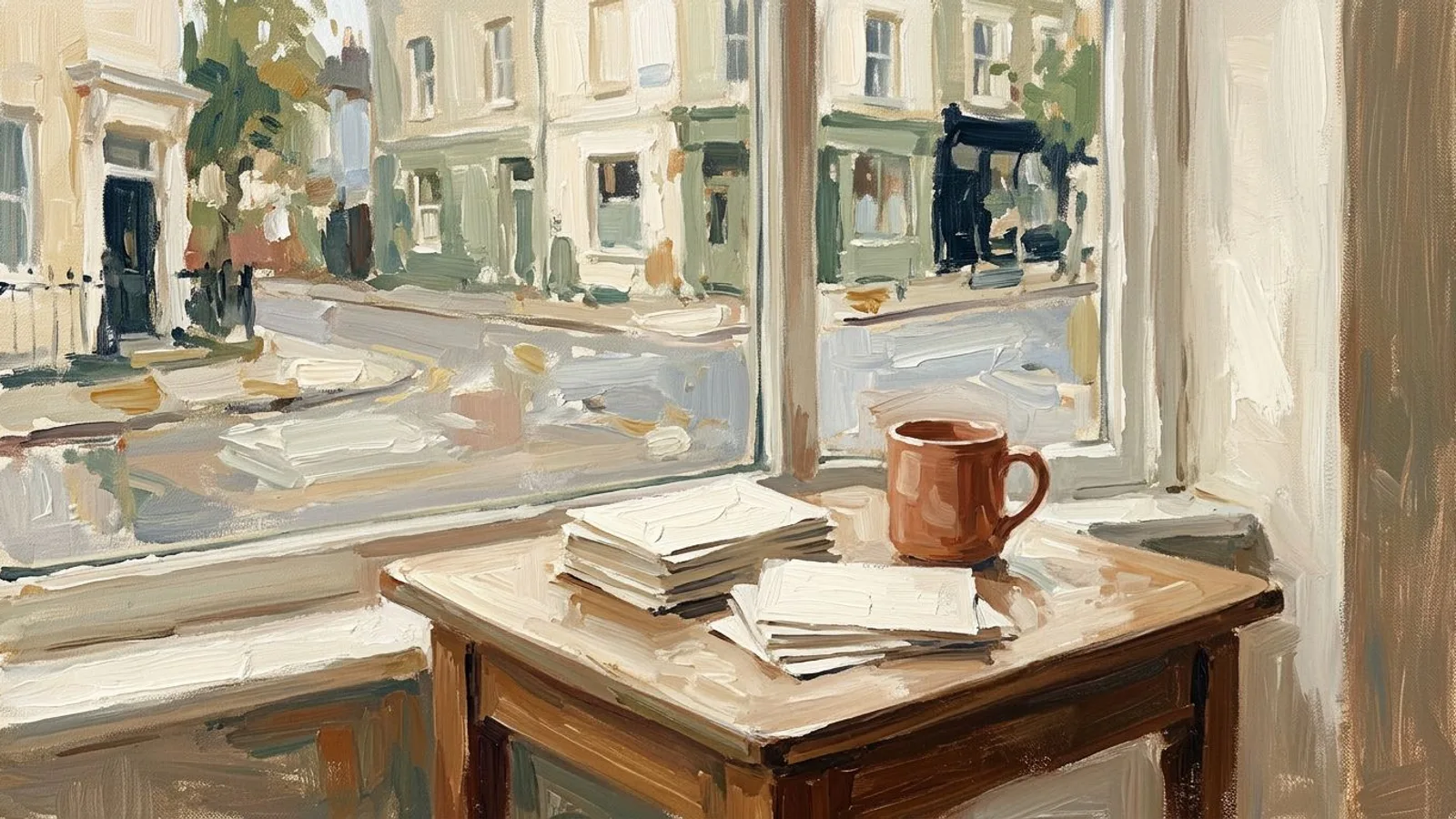 A kitchen table at dawn with a mug and loose paper cards sorted into two uneven piles beside a window.