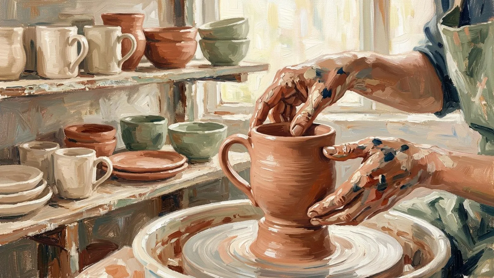 Impressionist painting of a potter lifting a raw clay mug on the wheel, morning light across a small workshop lined with unglazed pieces.