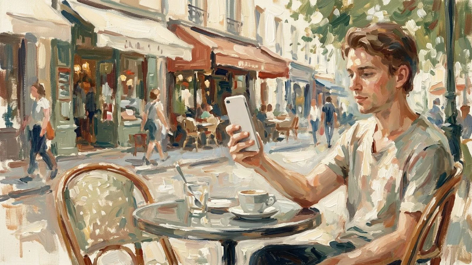 Impressionist painting of a customer at a cafe table holding a phone at arm length, a blurred city street behind them.