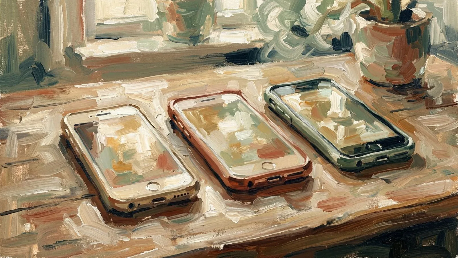 Three smartphones side by side on a wooden desk, screens glowing softly in morning light