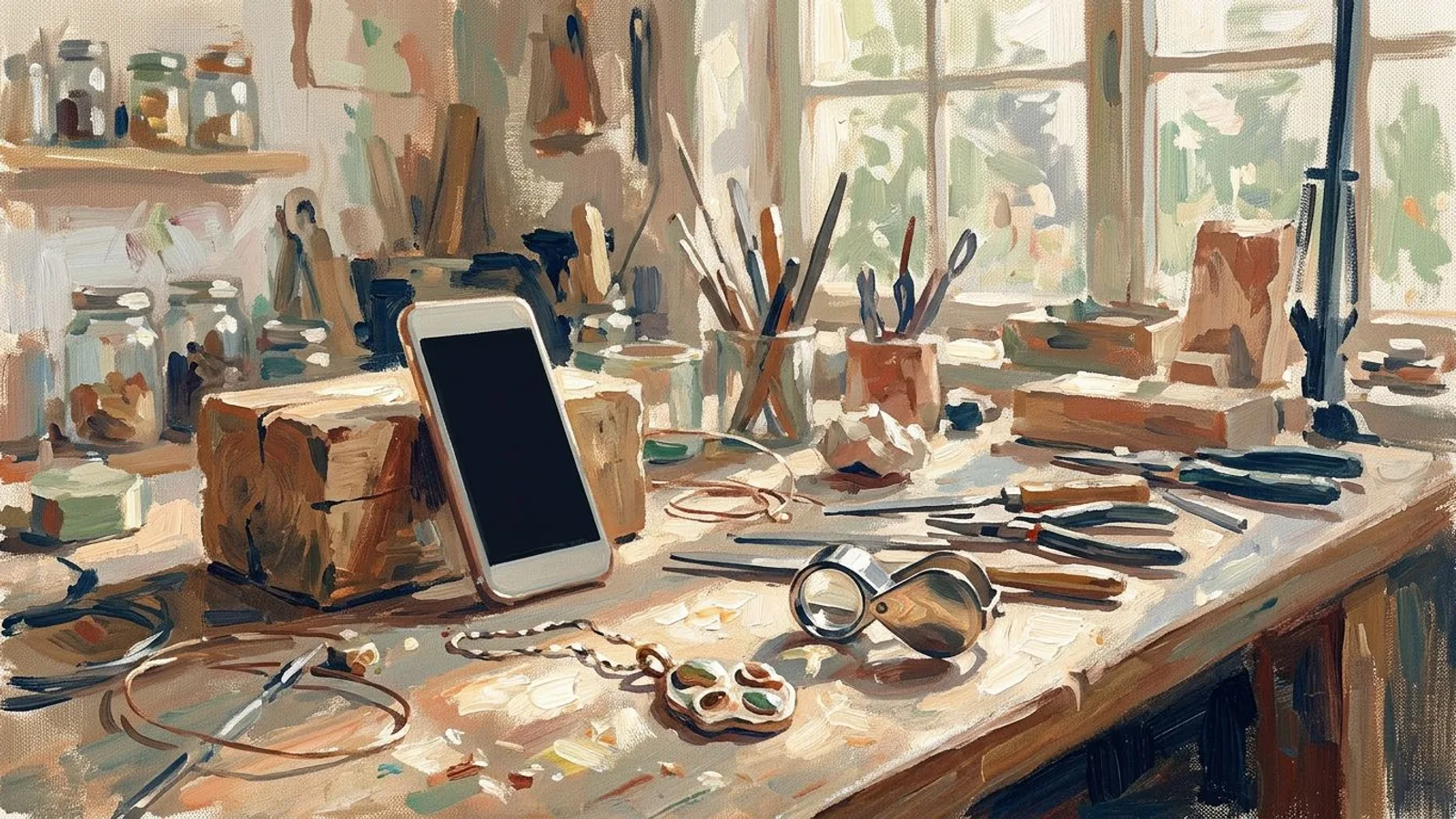 A jeweler's workbench with a handmade pendant, a loupe and a phone propped against a wooden block