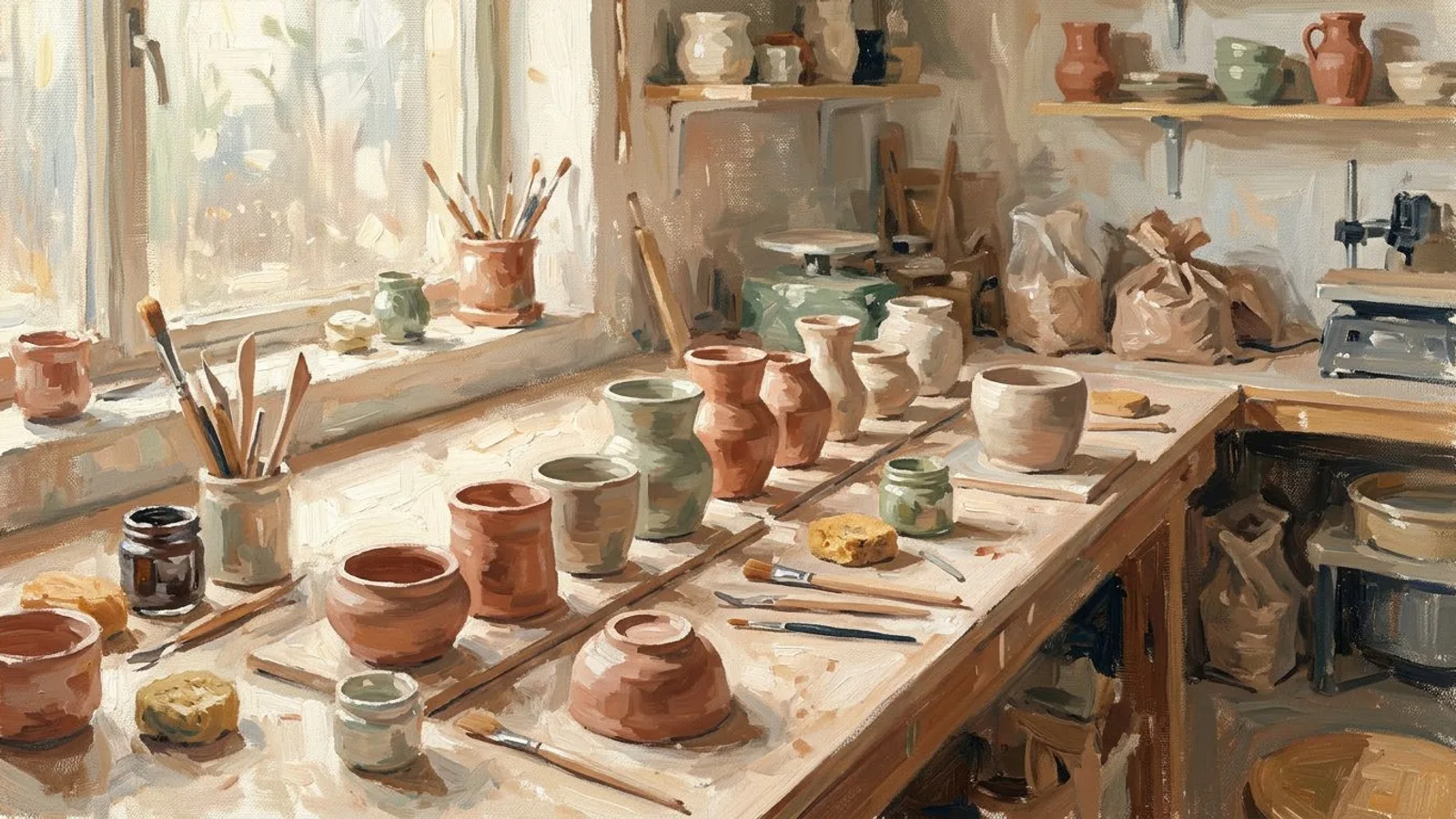 Impressionist painting of a ceramicist's bench at midday, unfinished commissioned pieces lined up beside a dusty workshop window.