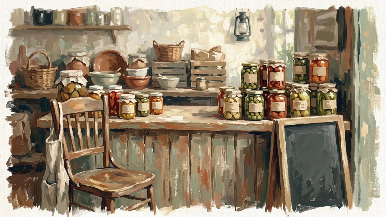 Impressionist painting of a small food producer's counter at closing time, jars grouped by what is left in stock, a chair pulled up close.
