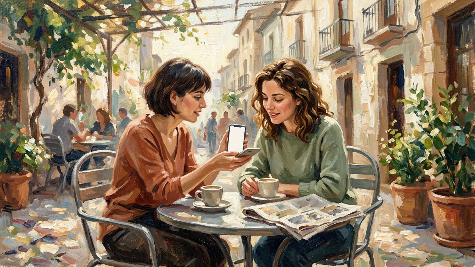 Dos amigas en la mesa de un café; una le acerca el móvil a la otra para enseñarle un perfil recomendado.