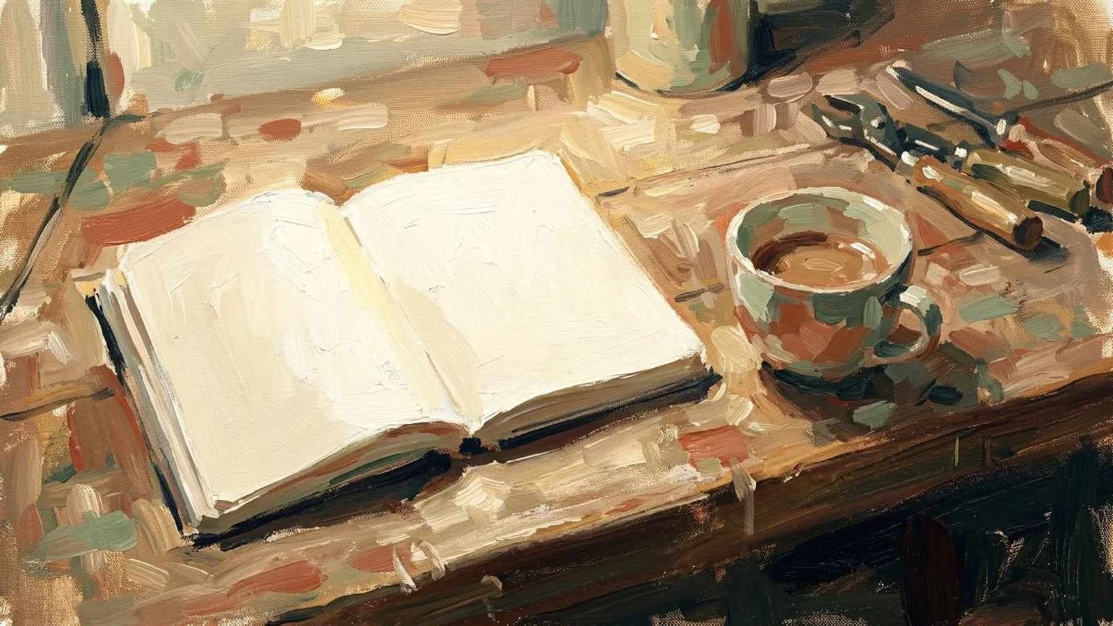 Cuaderno abierto y una taza de café enfriándose sobre un banco de taller al final del día, con las herramientas apartadas y una lámpara baja.