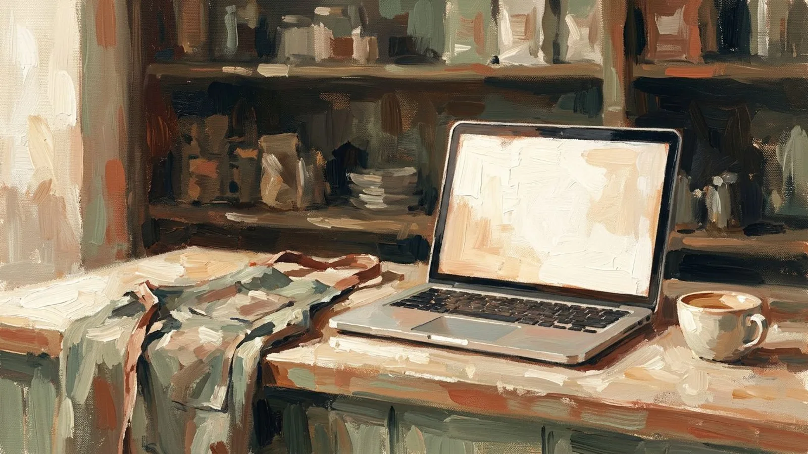 Pintura impresionista de un portátil abierto en el mostrador de una tienda pequeña a la hora de cerrar, junto a un delantal doblado y un café.