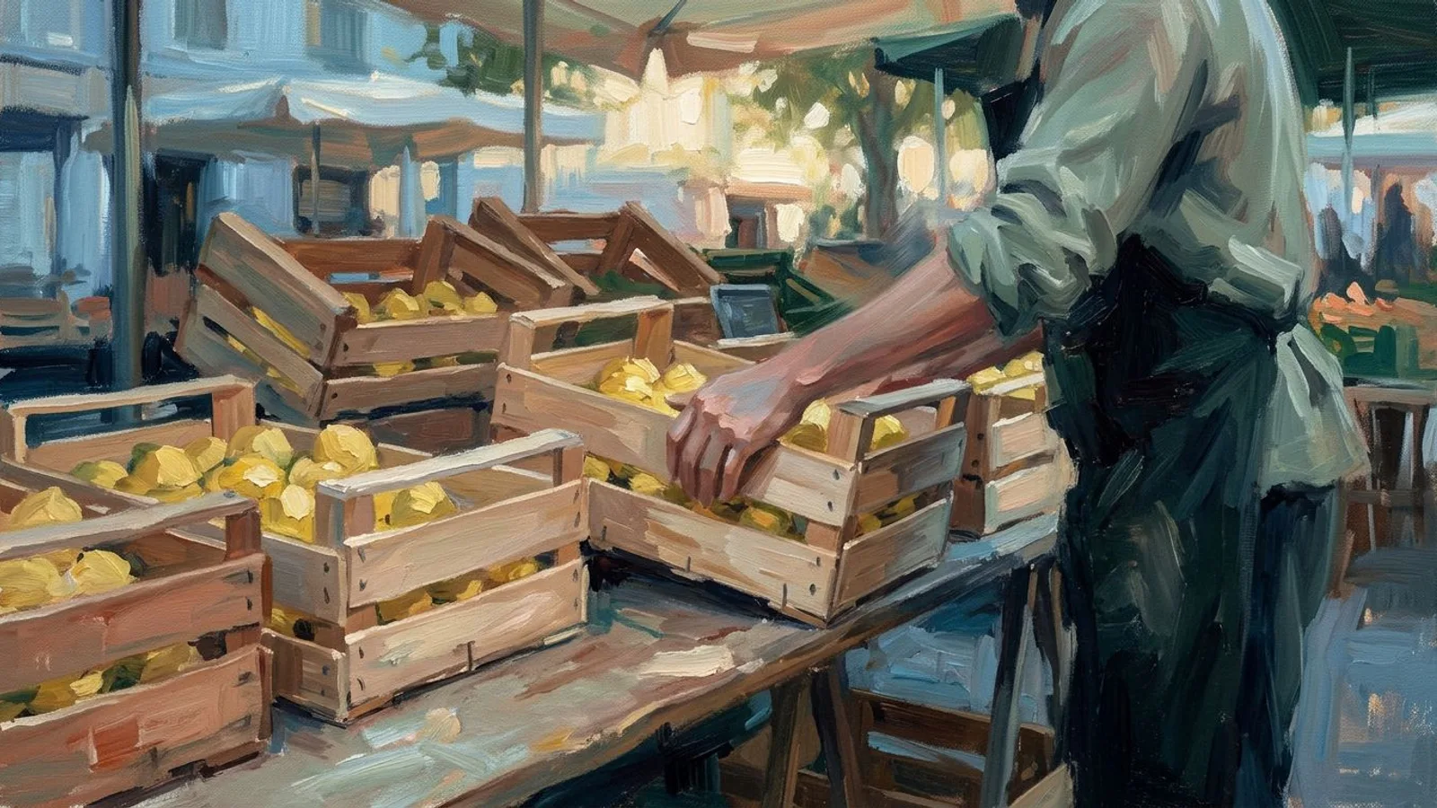 Puesto de mercado al amanecer con cajas de limones y una mano que desplaza una caja unos centímetros hacia la izquierda.