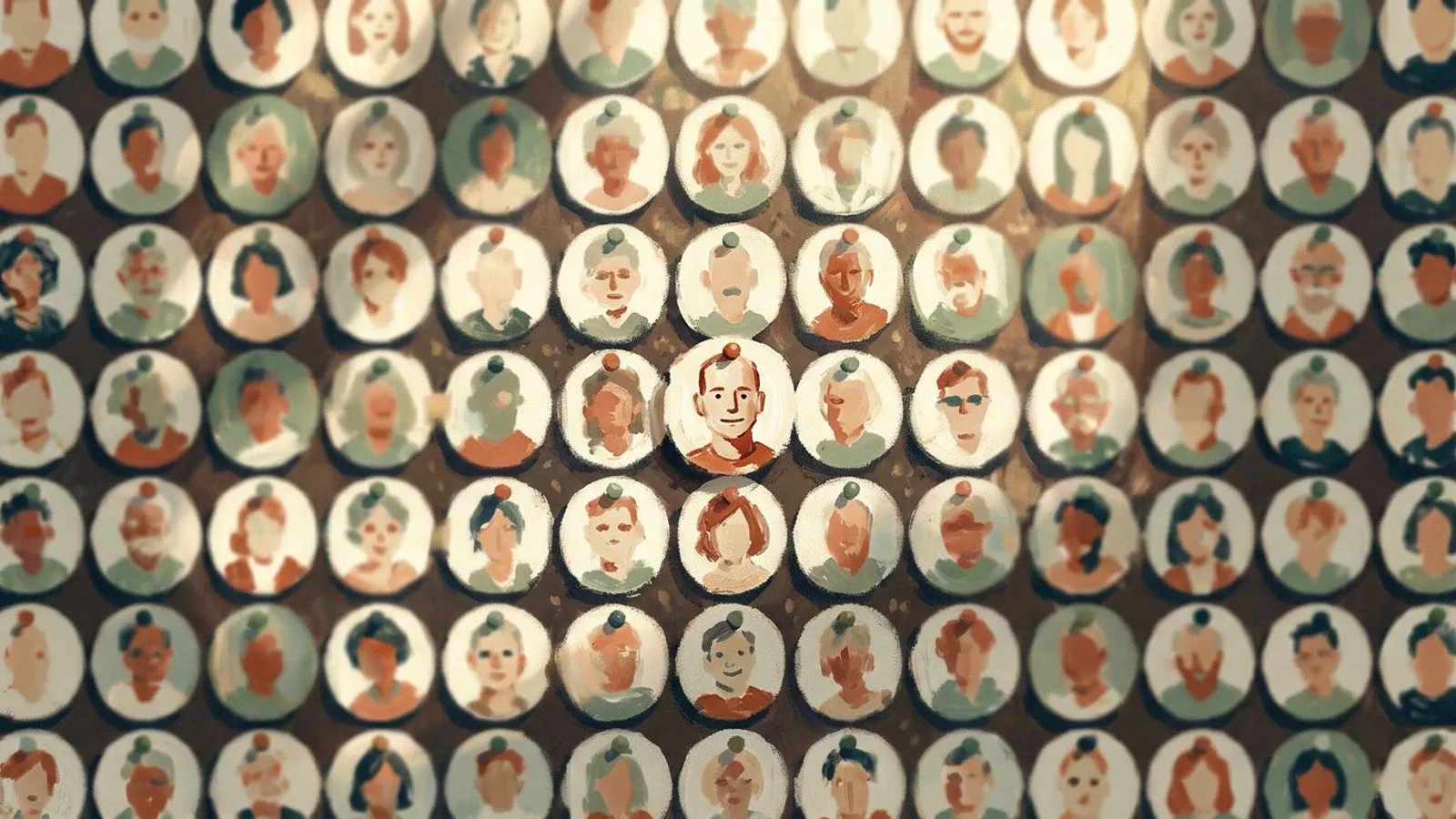 Un tablón de barrio cubierto de decenas de retratos redondos diminutos, uno de ellos nítido entre los demás.