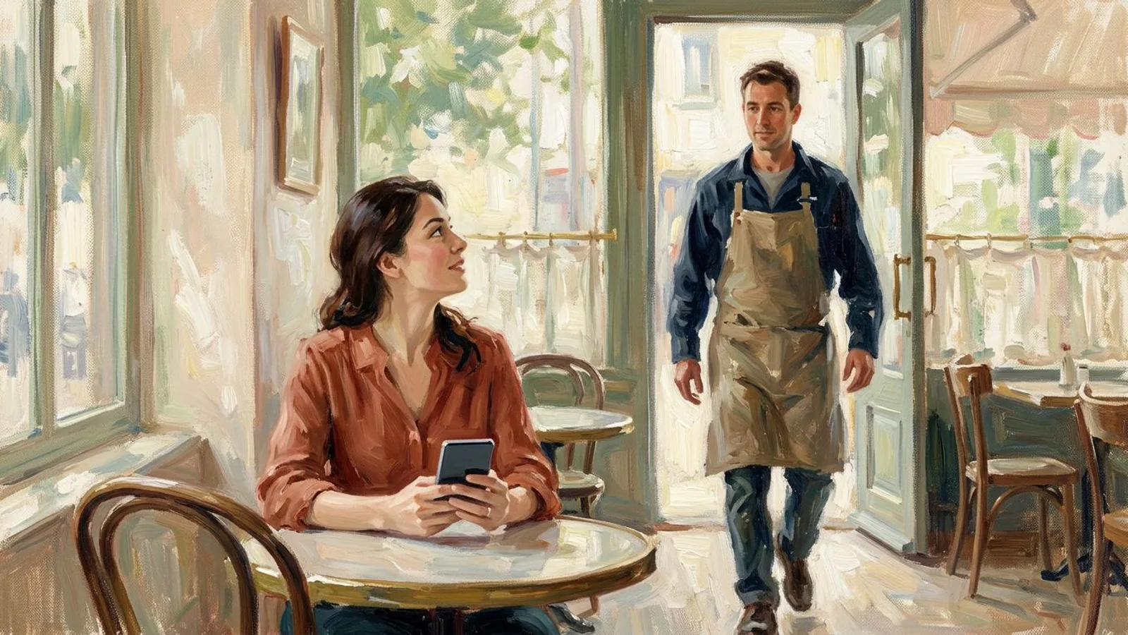 Una clienta en una cafetería levanta la vista del móvil cuando entra por la puerta un profesional con delantal de trabajo