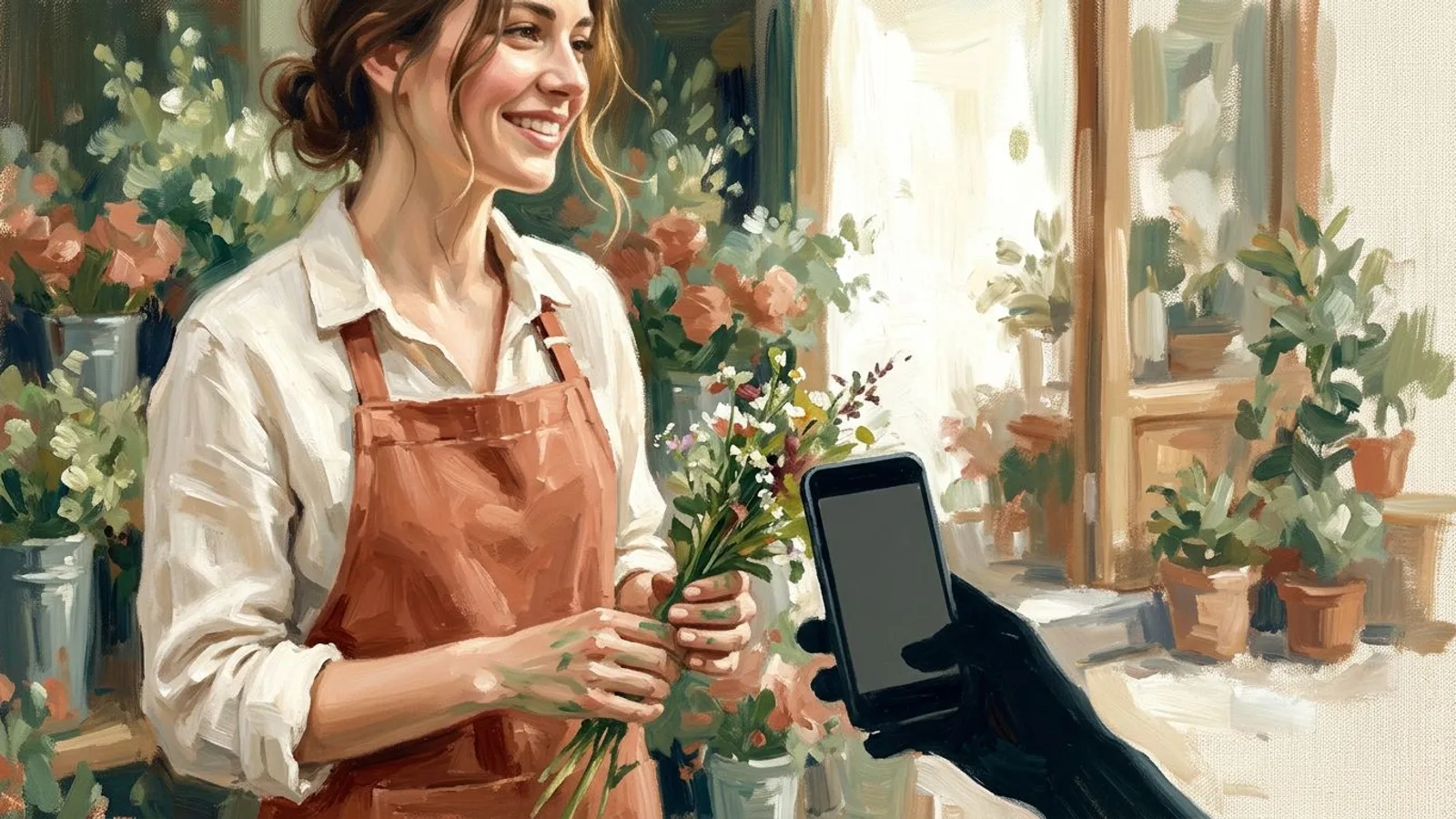 Una florista fotografiada de hombros para arriba junto a la puerta de su tienda, con luz de día en la cara y cubos de flores desenfocados detrás.