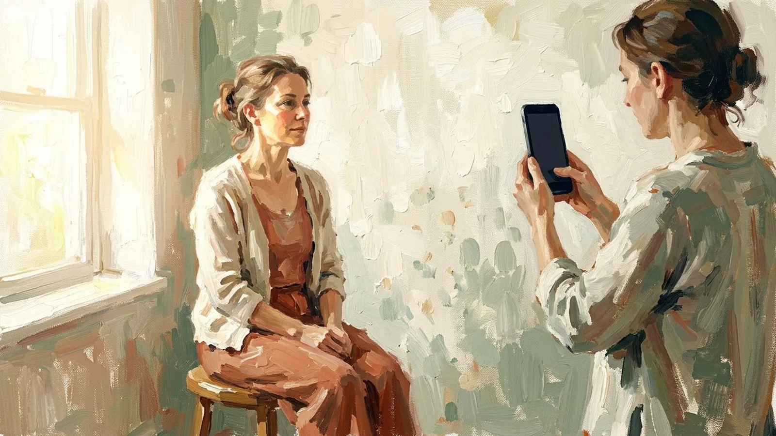 Una mujer sentada junto a una ventana luminosa mientras una amiga le hace una foto con el móvil a la altura de los ojos, con una pared lisa detrás.