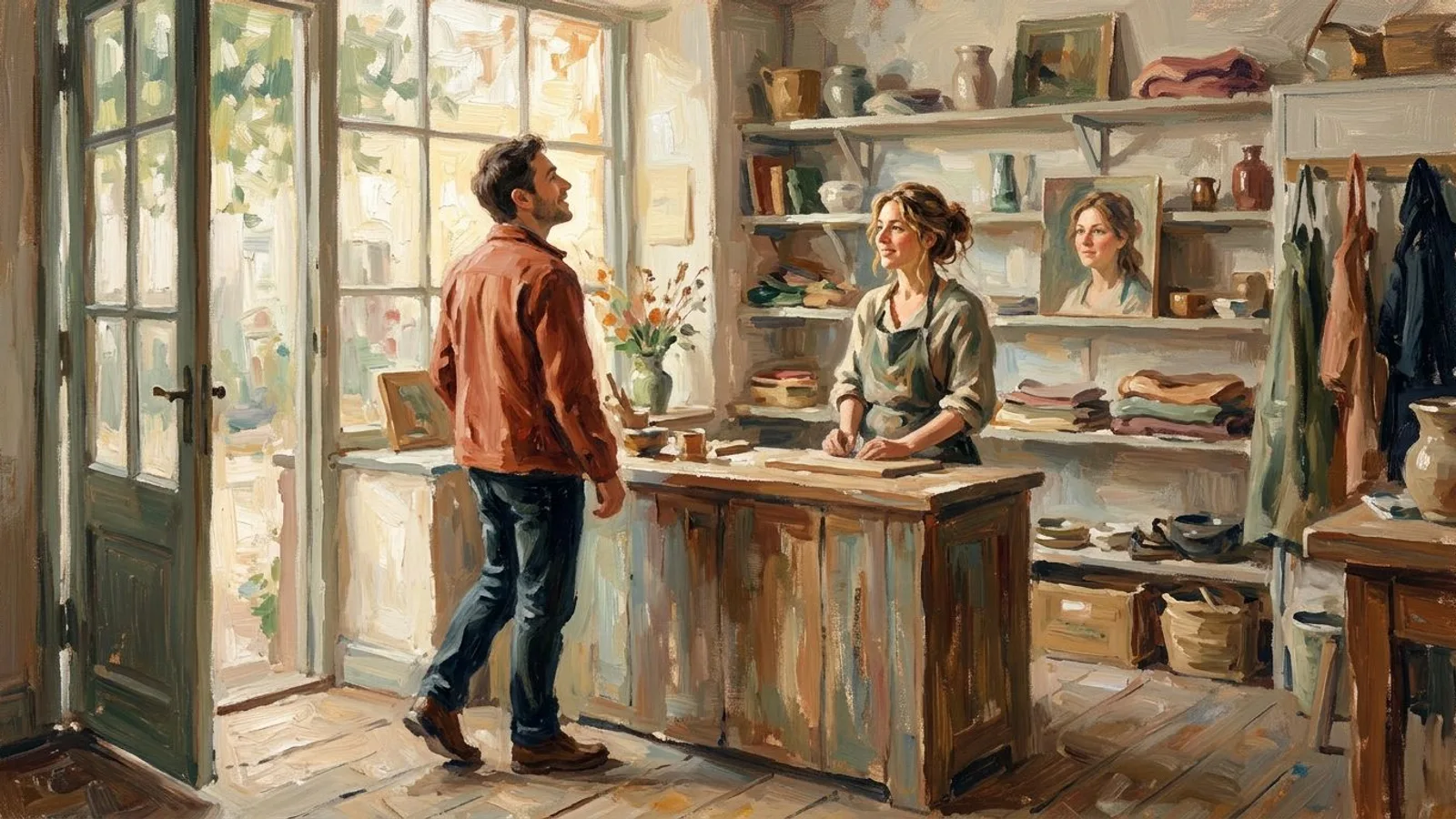 Un cliente entra en un taller pequeño y mira a la artesana que le recibe, con la misma luz de ventana en la cara que en el retrato enmarcado de la estantería.