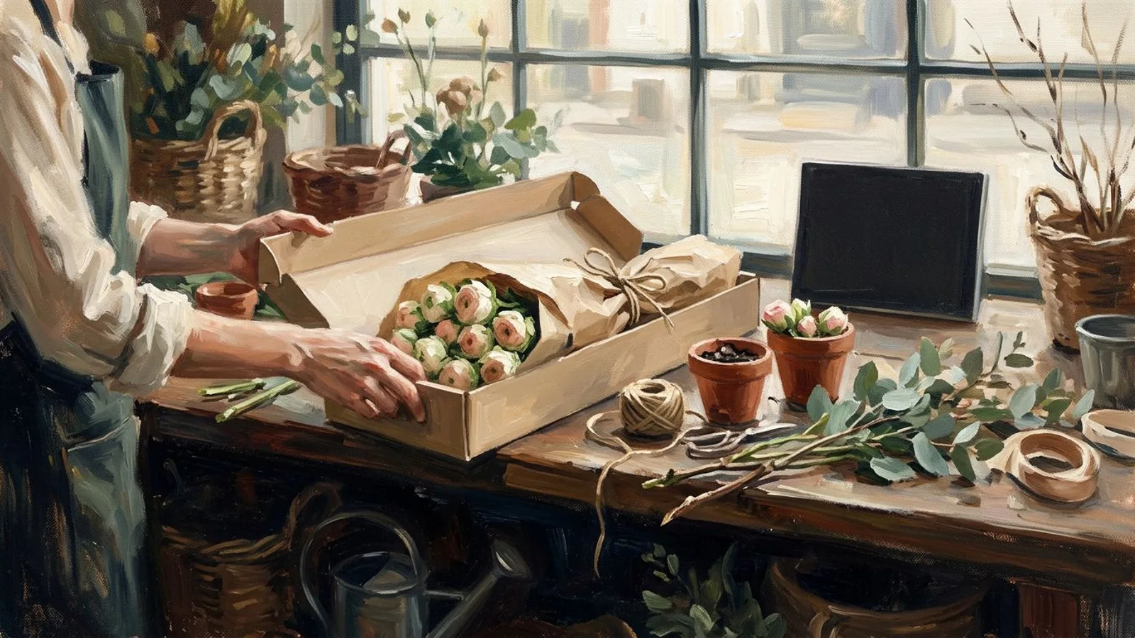 Mesa de floristería con una caja plana en la que se embalan flores todavía en capullo, envueltas en papel.