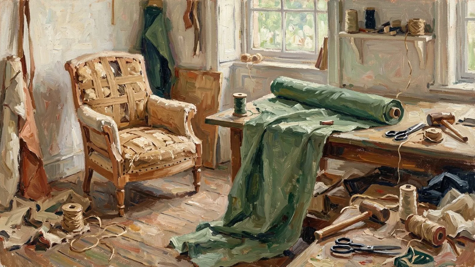 Taller de tapicería visto desde un rincón fijo: un sillón a medio tapizar y un rollo de tela verde sobre la mesa de corte.