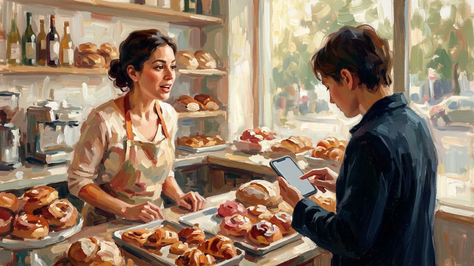 Una pastelera tras el mostrador dice el nombre de su tienda a una clienta que lo teclea en el móvil