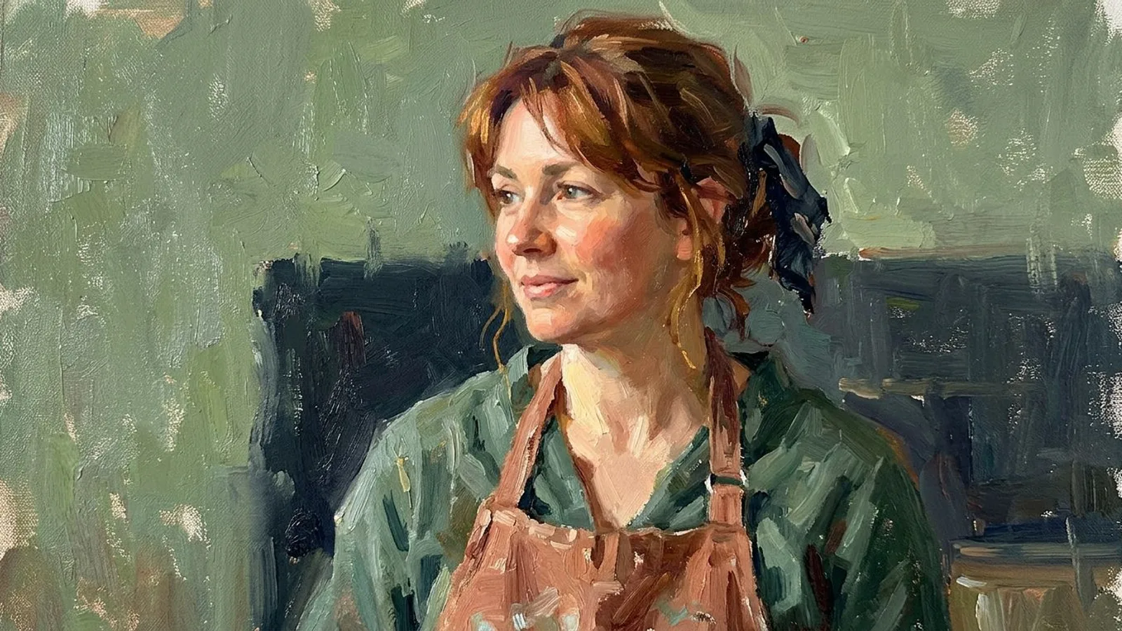 Retrato cercano de una artesana con delantal, luz cálida sobre una mejilla, ante una pared verde oscuro sin nada más en el encuadre.