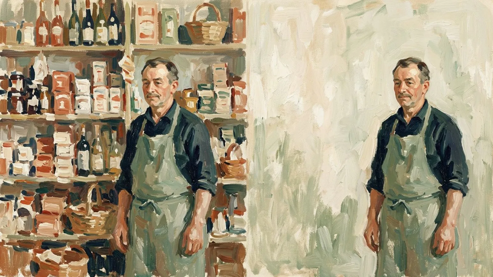 El mismo comerciante fotografiado dos veces el mismo día: una ante una estantería llena, otra ante una pared lisa.