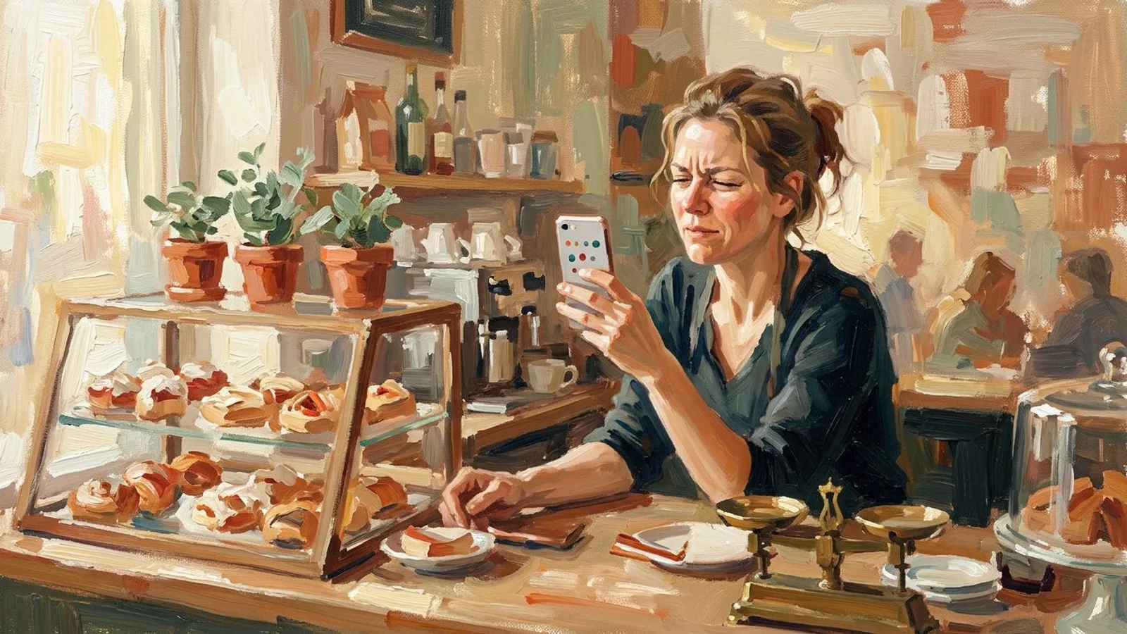La dueña de una cafetería entorna los ojos frente al móvil para comprobar una fila de iconos redondos en la pantalla.
