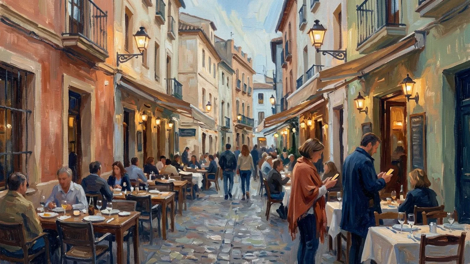 Calle de un pueblo español al anochecer, con terrazas llenándose y gente mirando el móvil antes de elegir dónde cenar.
