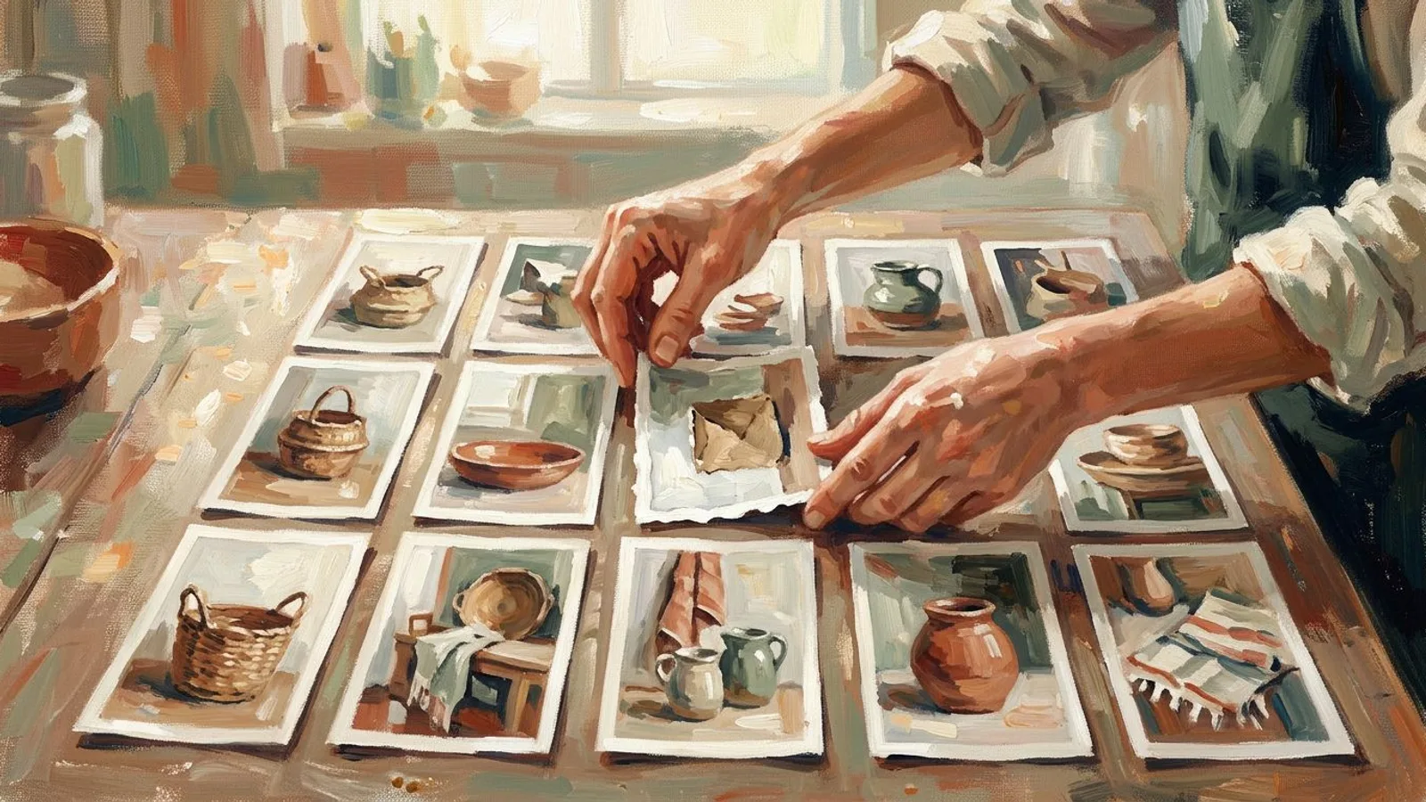 Manos ordenando sobre una mesa una cuadrícula de fotos verticales de piezas artesanales, con una impresión cuadrada recortada por los bordes.