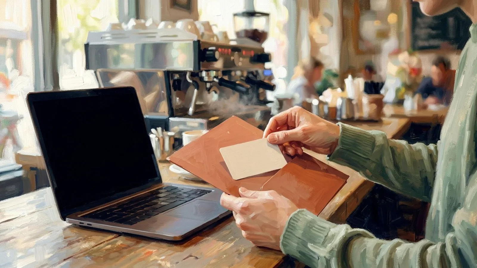 Manos guardando una tarjeta con el logotipo en una carpeta junto a un portátil, en un mostrador de cafetería