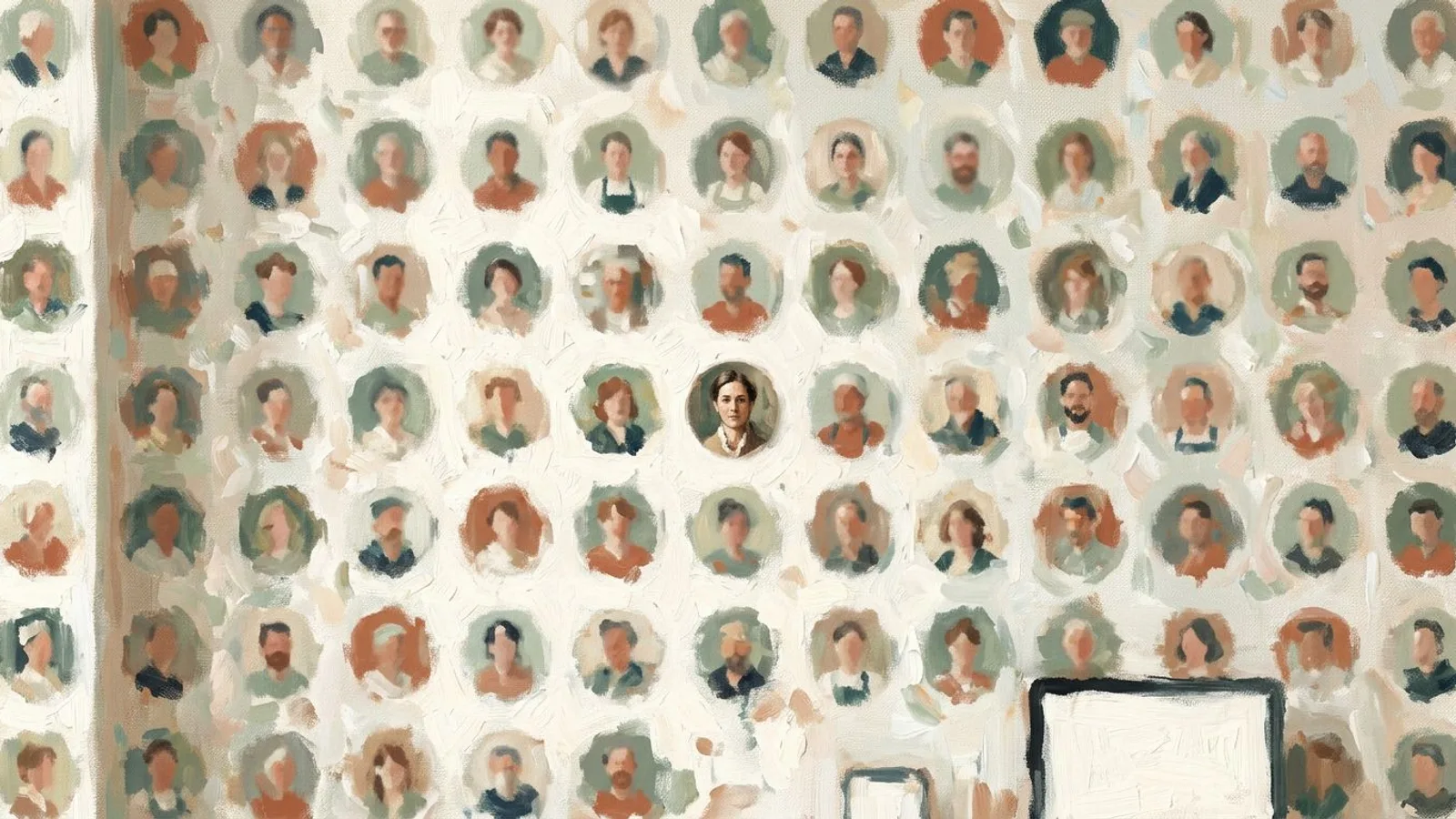 Decenas de retratos circulares diminutos en una pared, casi todos difuminados en manchas de color y uno todavía reconocible.