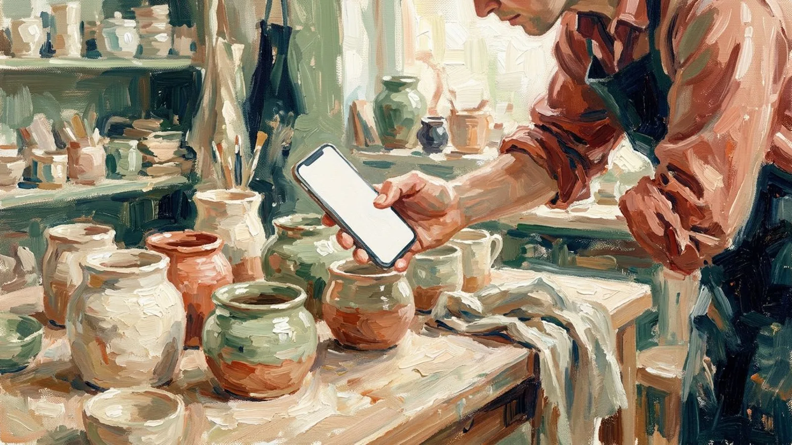 Un artisan photographie une poterie en grès fraîchement tournée sur une table, téléphone incliné pour un cadrage serré.