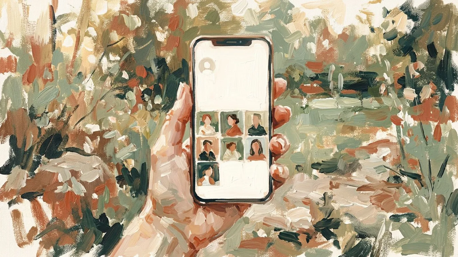 Ein Handy zeigt das Instagram-Raster eines Fotografen im Freien.