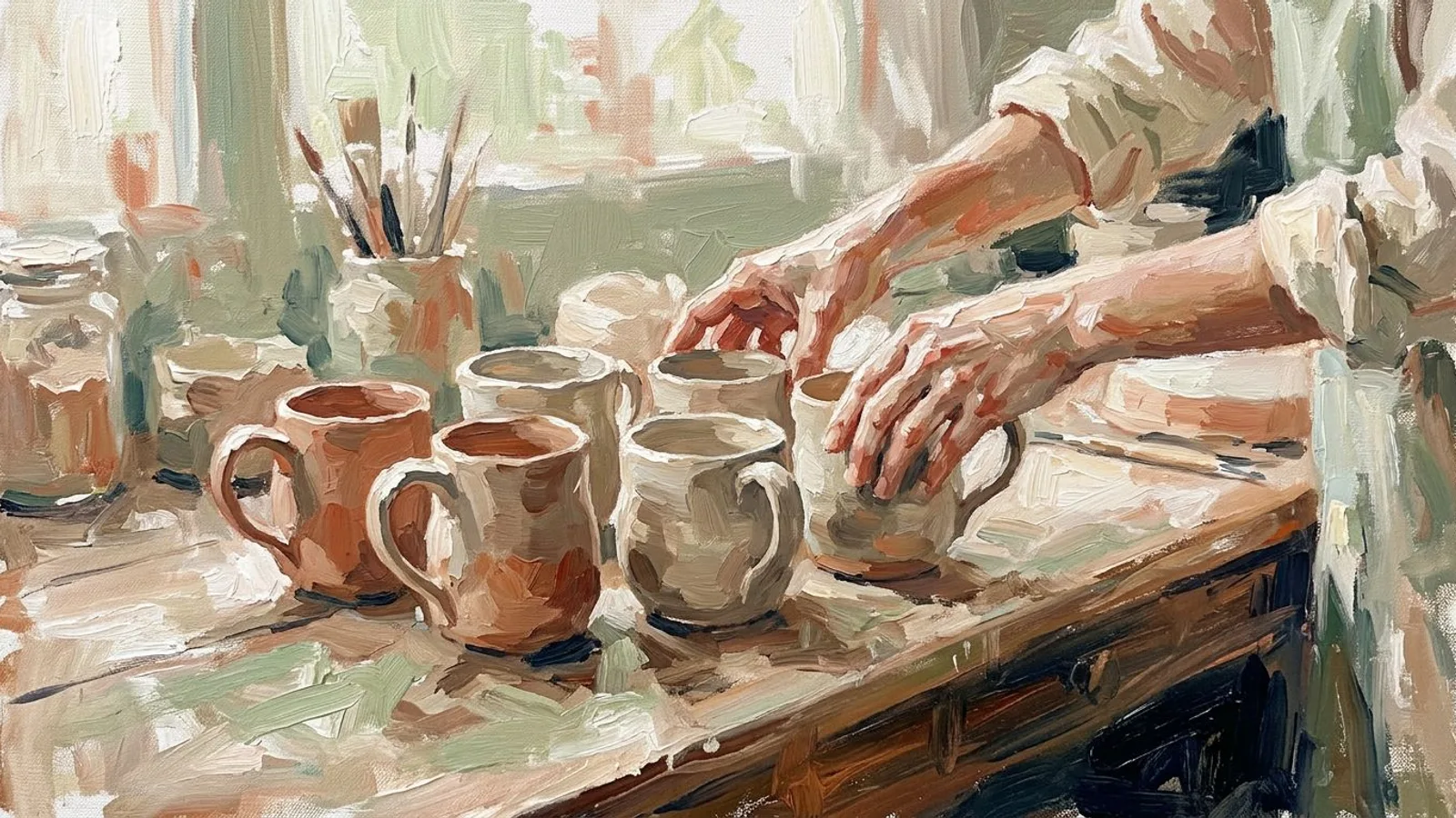 Six tasses en grès non émaillées alignées sur un établi.