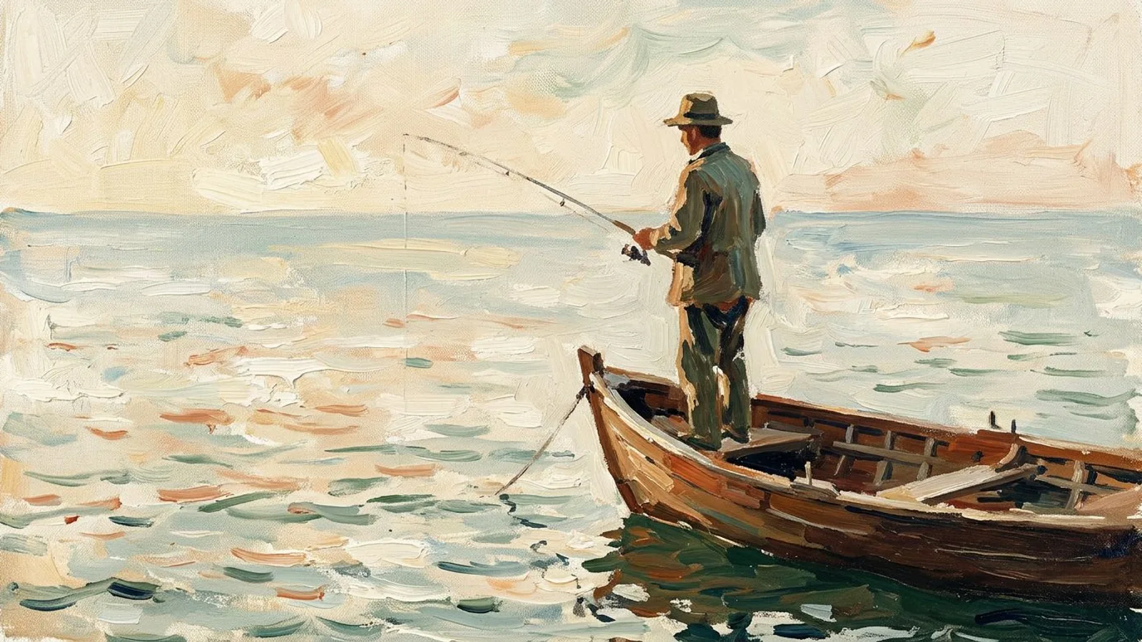 Ein einsamer Angler mit der Rute in der Hand, der bei Morgendämmerung geduldig auf ruhiger See wartet.