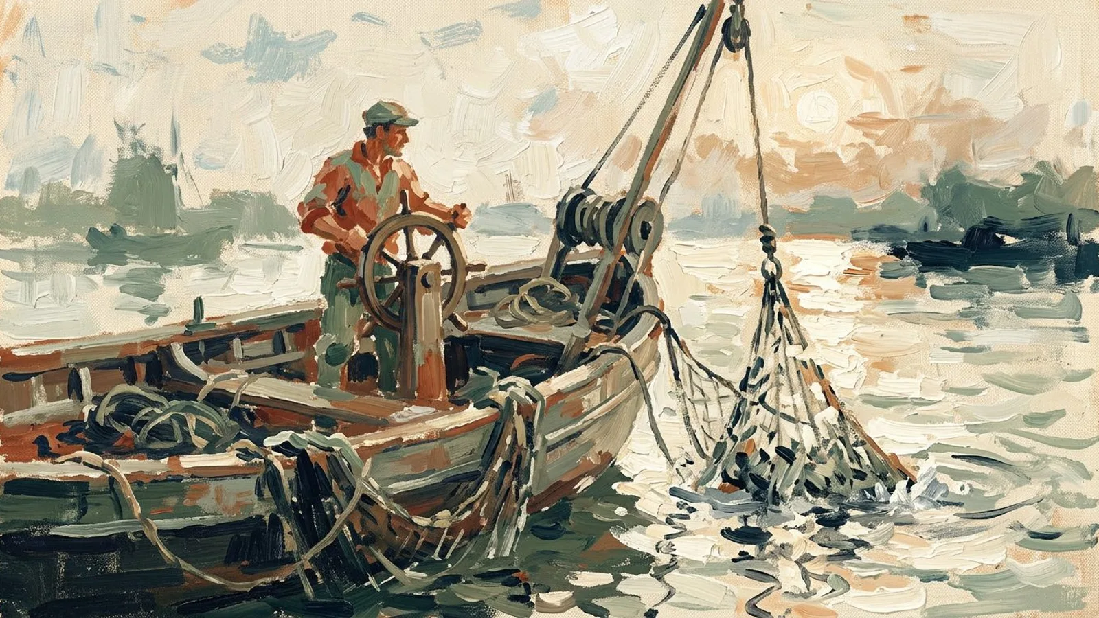 Derselbe Fischer jetzt am Steuer eines größeren Bootes, während ein volles Netz aus dem Wasser steigt.