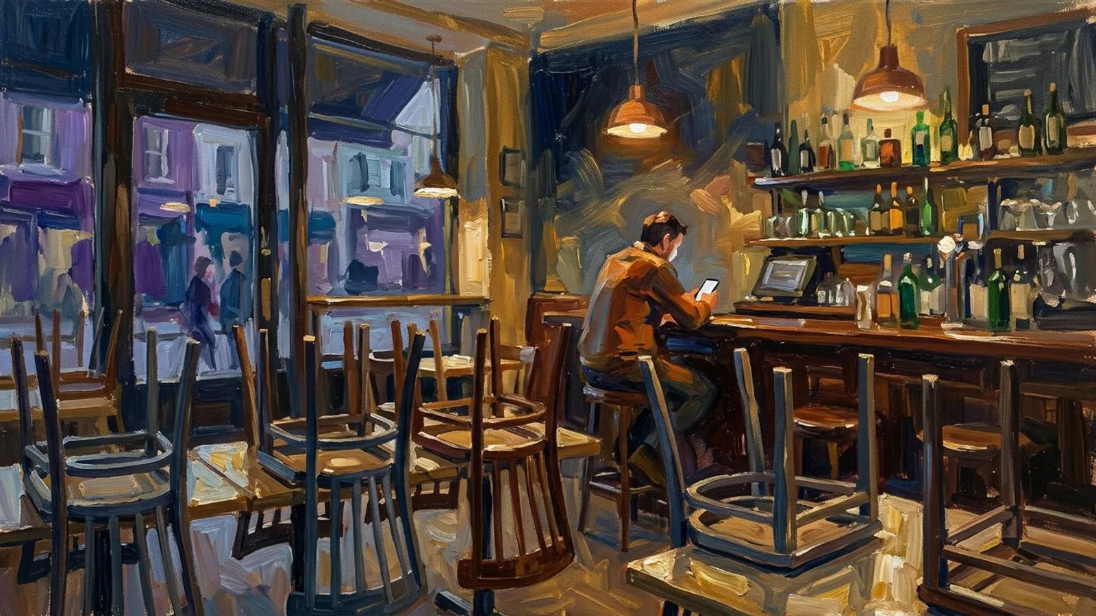 Le même restaurant au crépuscule, chaises encore sur les tables, le patron assis seul au bar avec son téléphone.