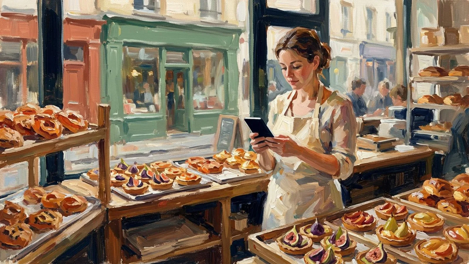 Une pâtissière au comptoir, téléphone en main, devant des plateaux de tartes aux figues et aux poires.