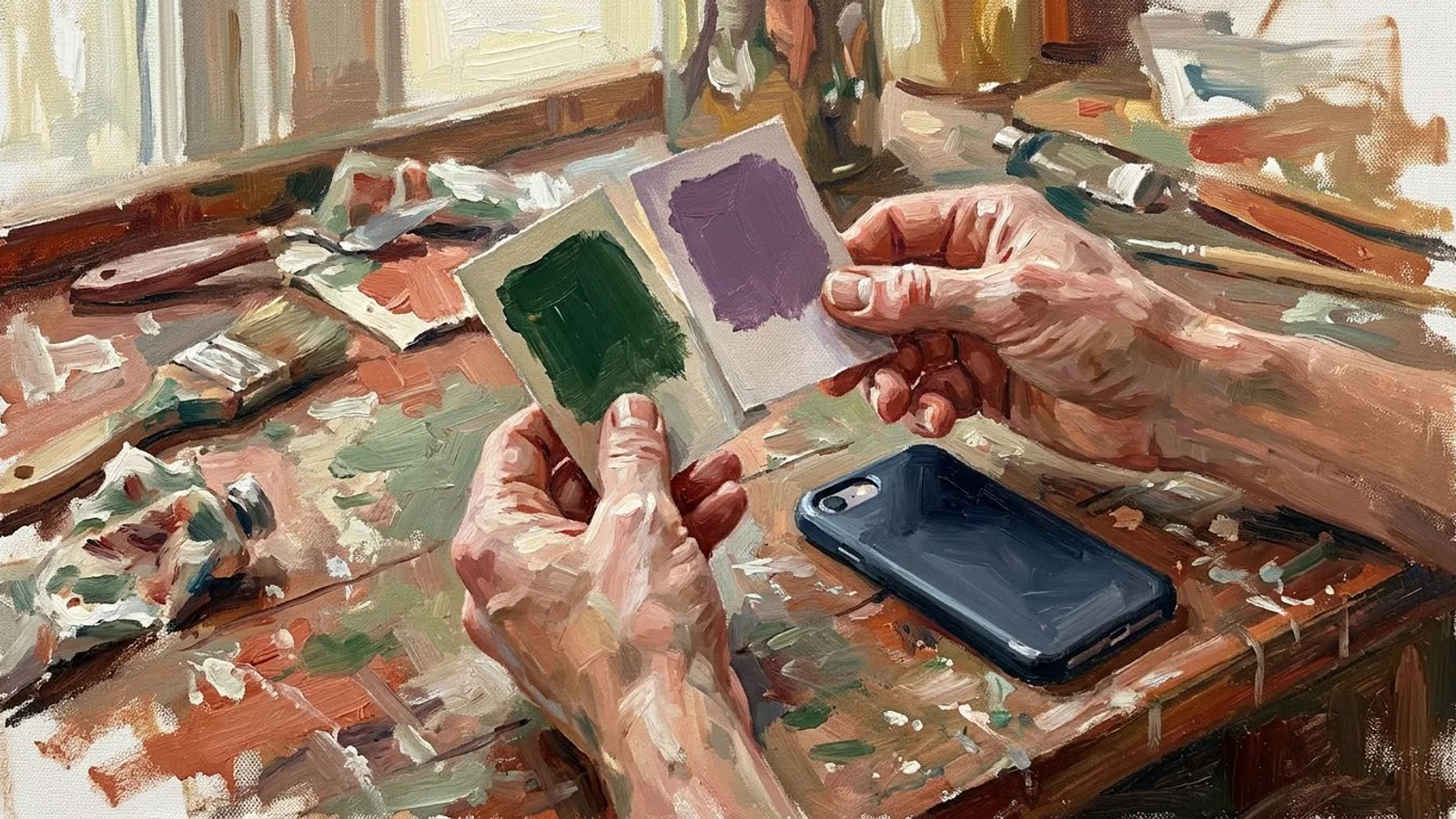 Des mains comparent un nuancier vert de devanture et un violet banal sur un établi en bois, à côté d'un téléphone.