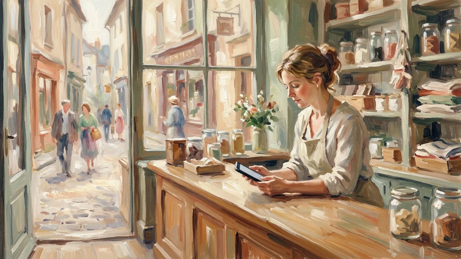 Une commerçante derrière son comptoir en bois regarde son téléphone, la rue du village visible par la vitrine
