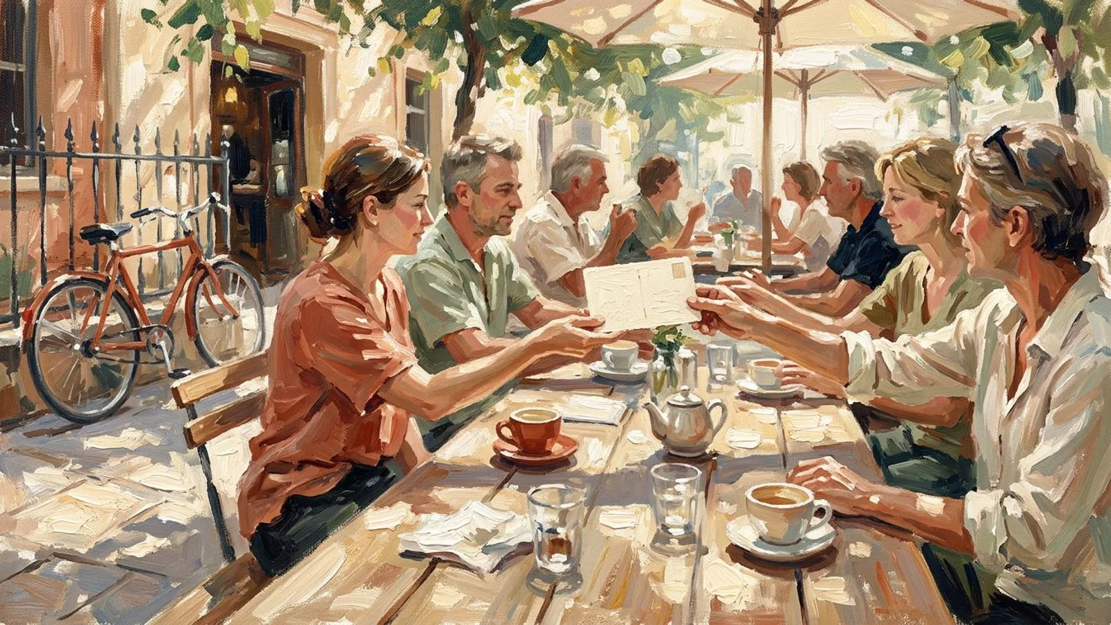Sur une terrasse de café, des voisins se passent une carte postale de main en main autour de la table