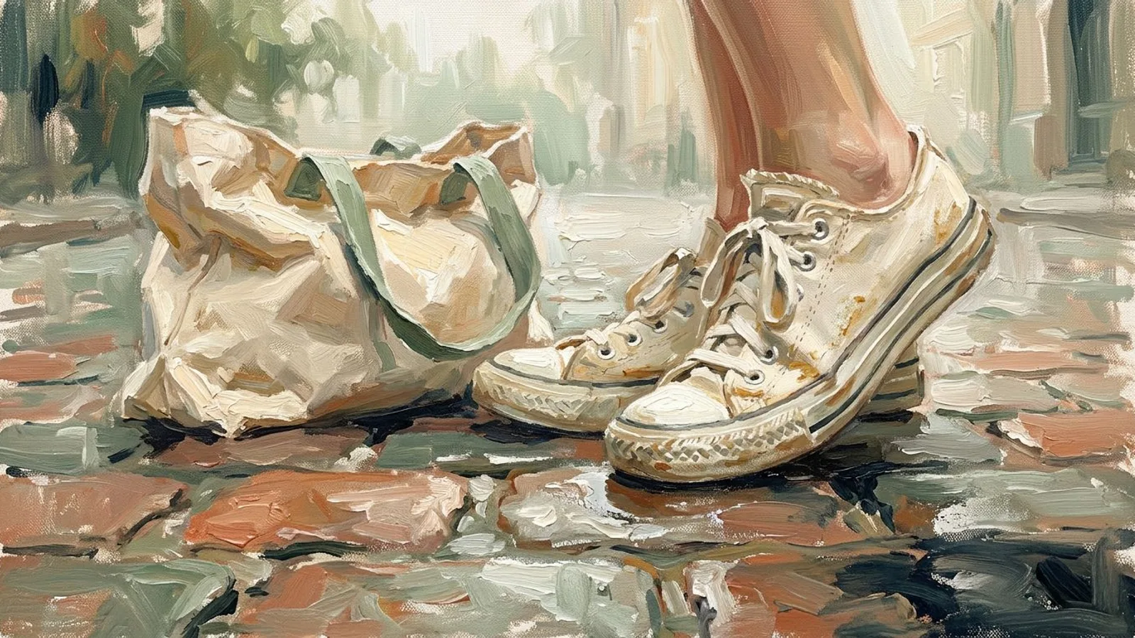 Une paire de baskets en toile blanche, usées par le port quotidien, sur des pavés mouillés au petit matin.