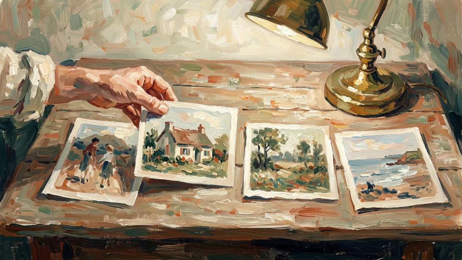 Quatre photos imprimées étalées sur une table d'atelier sous une lampe, une main en désigne une.
