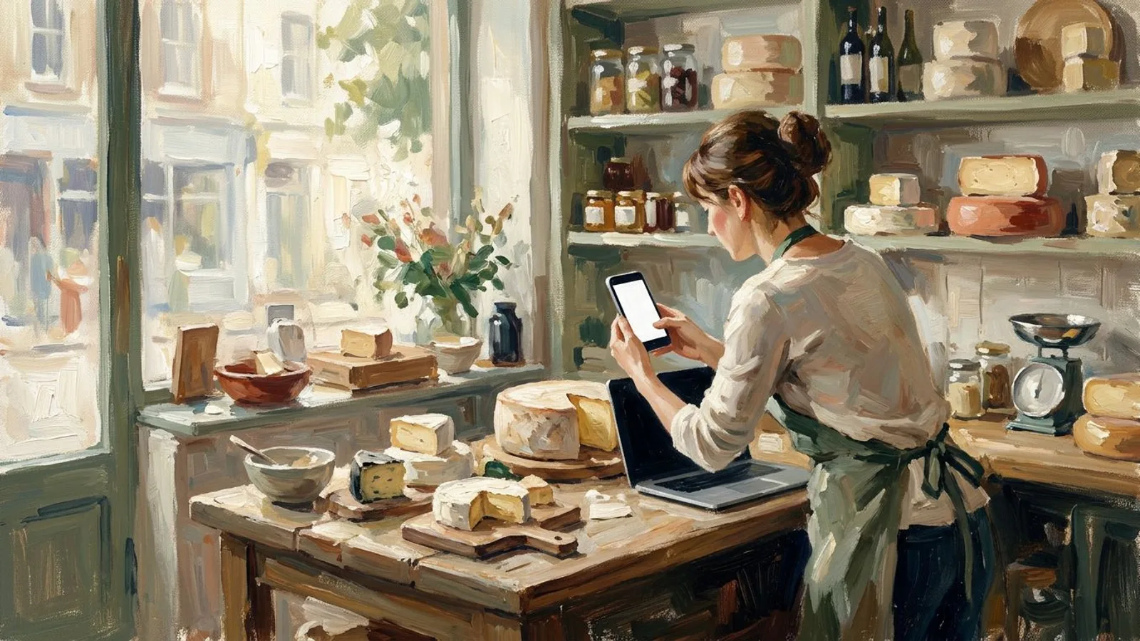 Une fromagère photographie une meule sur son comptoir en bois avec son téléphone, dans la lumière du matin.