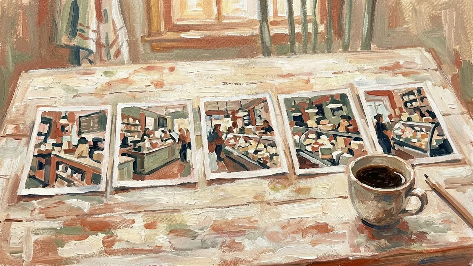 Cinq tirages de la même photo de comptoir alignés sur une table de cuisine, à côté d'une tasse de café.