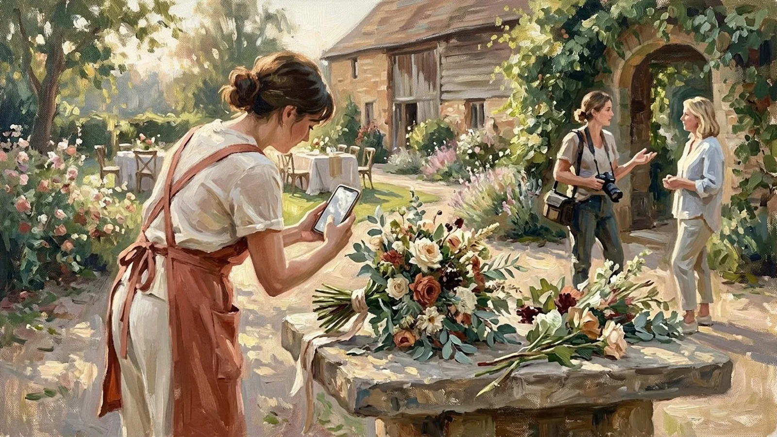 Une fleuriste photographie son bouquet sur une table de pierre dans un domaine de mariage, la photographe et le propriétaire du lieu à côté.