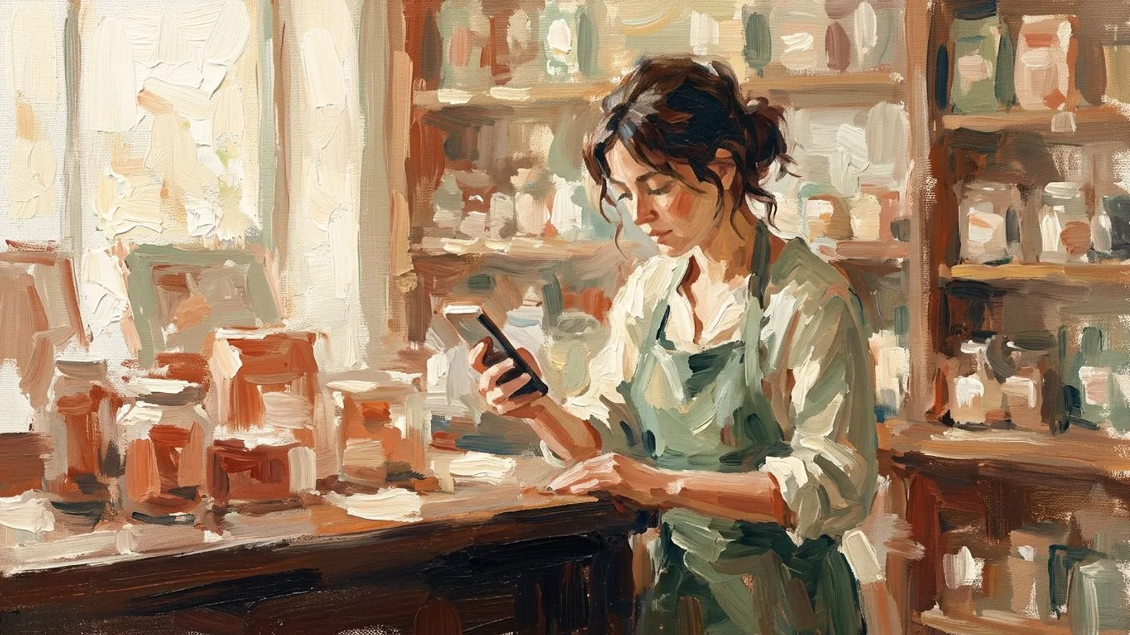 Une commerçante derrière son comptoir en fin d'après-midi, son téléphone à la main, les étagères de la boutique floues derrière elle.