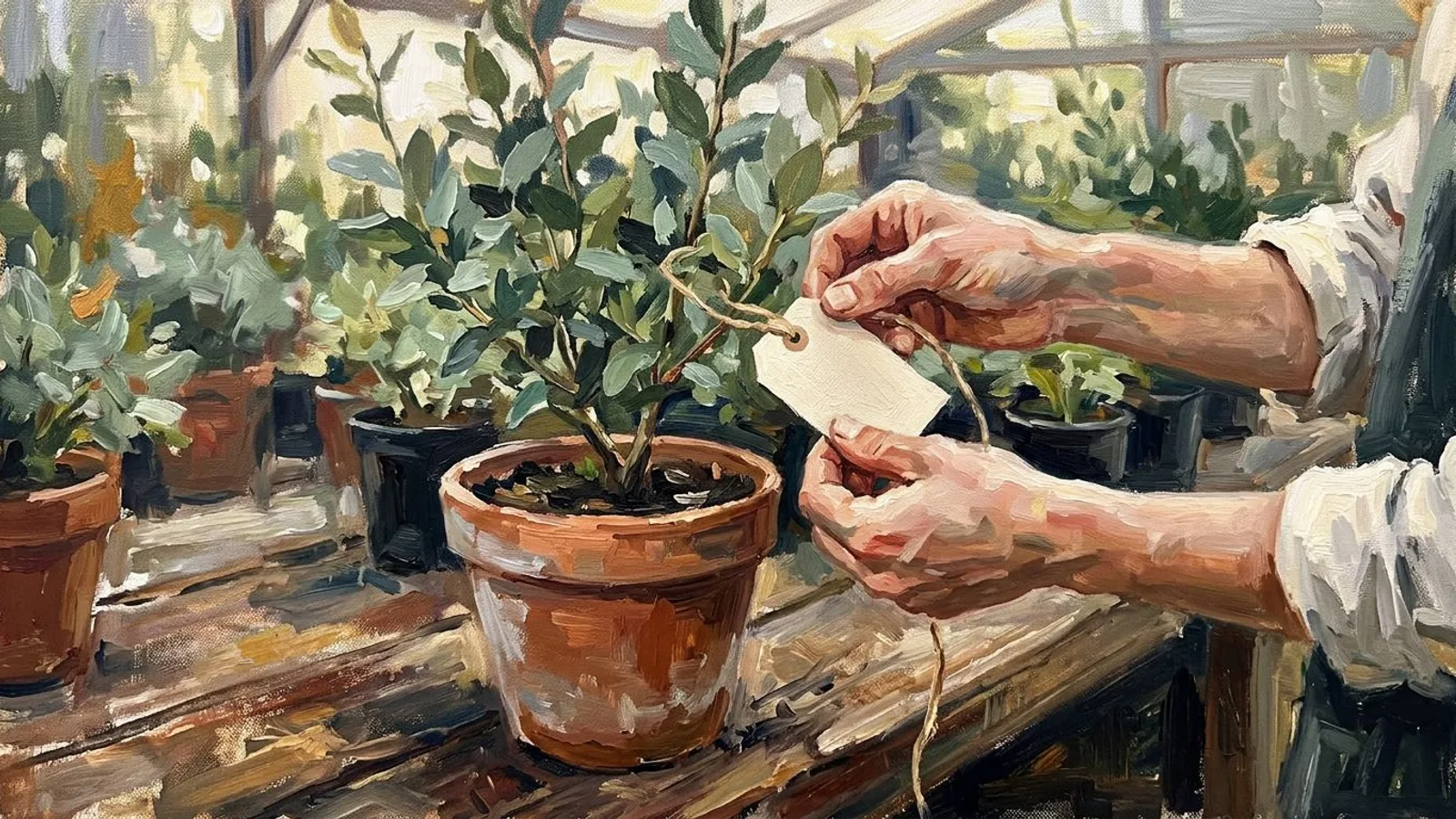 Des mains nouent une étiquette en papier sur un jeune arbuste en pot, posé sur un établi de pépinière en bois.