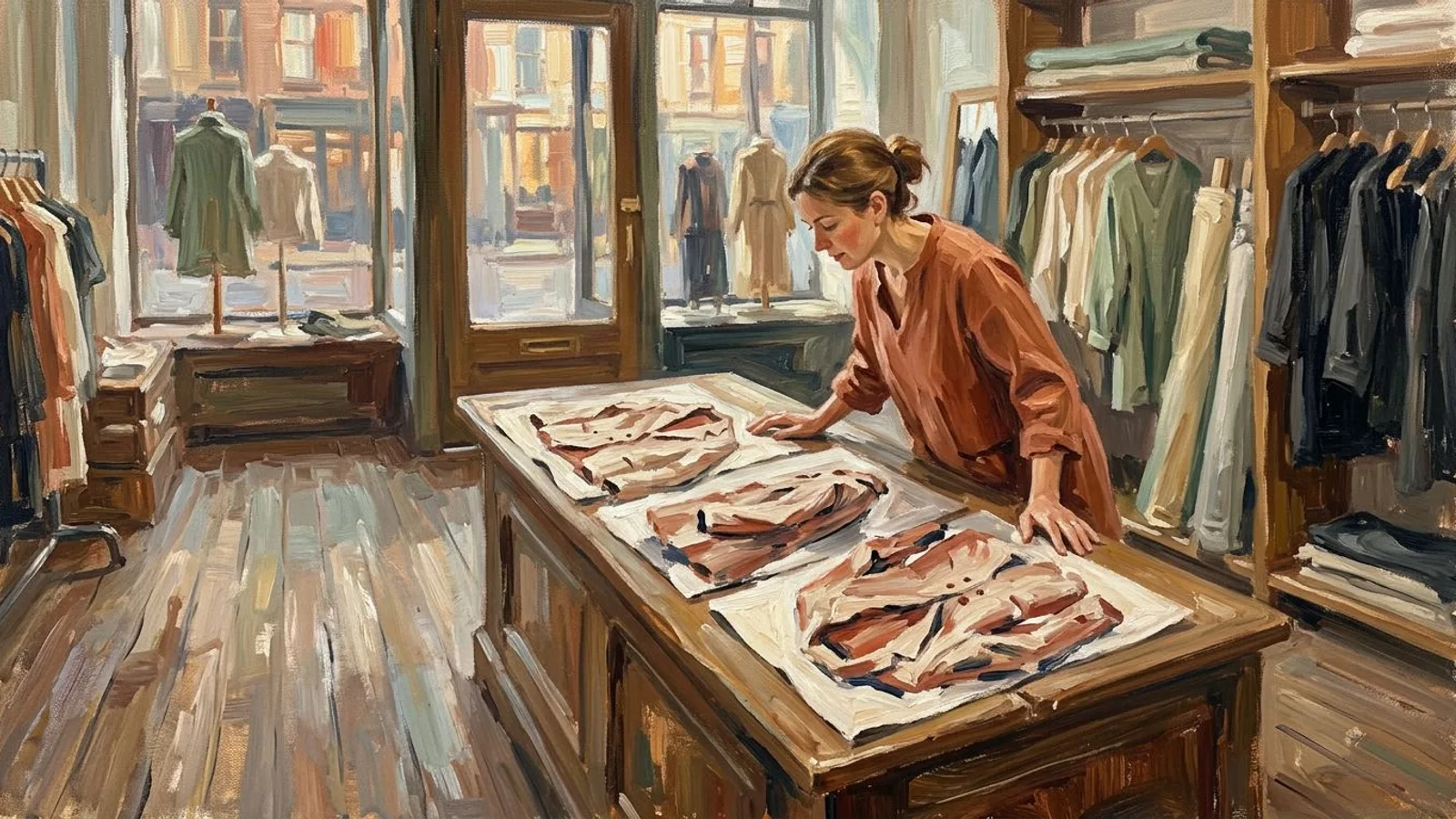 Comptoir en bois d'une petite boutique de vêtements, une veste en lin photographiée sous trois angles, la gérante compare les prises de vue.