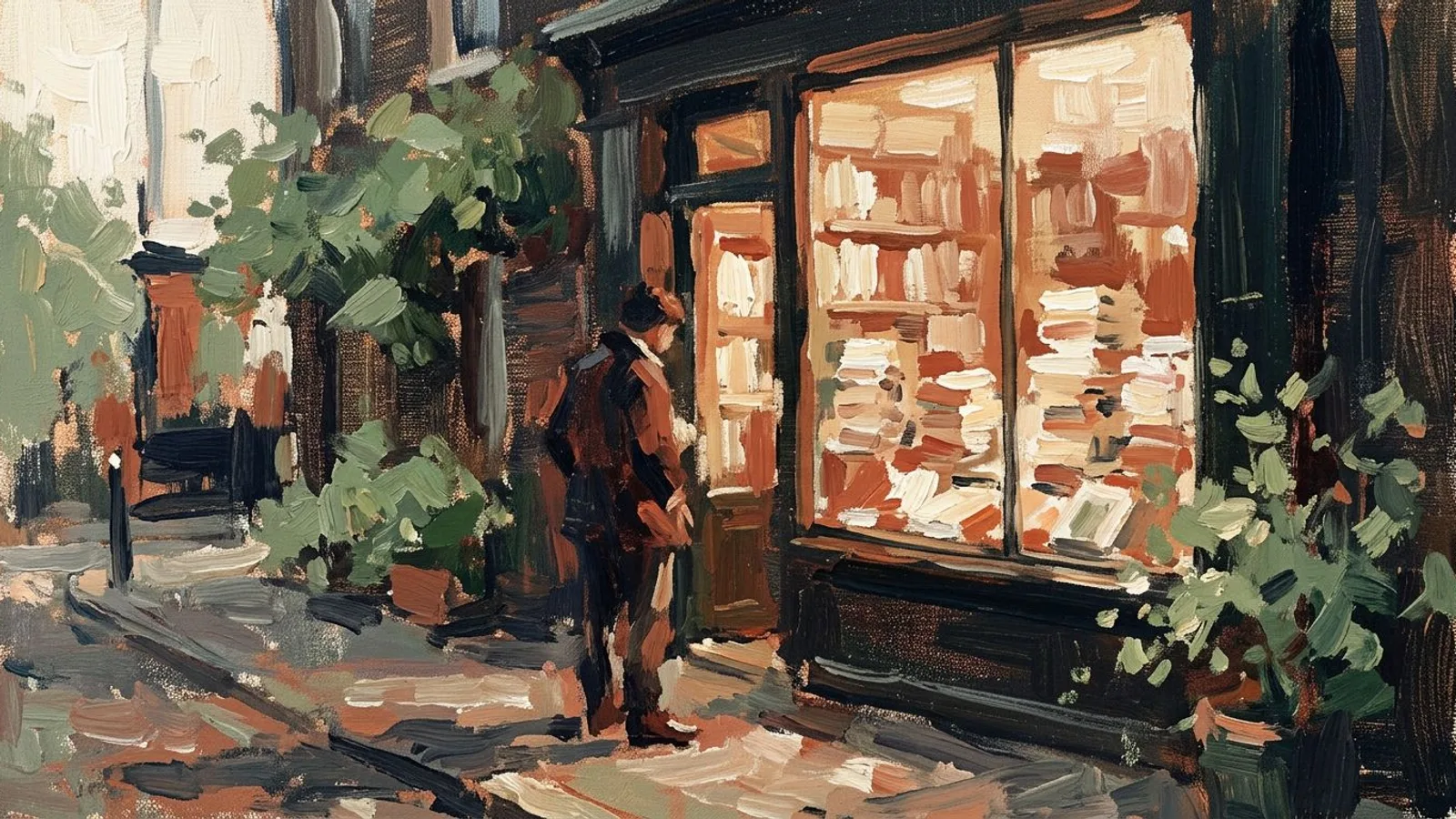 Une passante s'arrête devant la vitrine éclairée d'une librairie de quartier, à la tombée du jour.