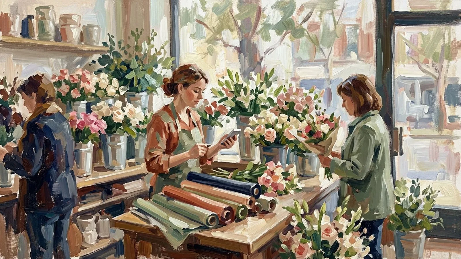 Une fleuriste derrière son comptoir, entre deux clientes, jette un œil à son téléphone au milieu des seaux de fleurs.